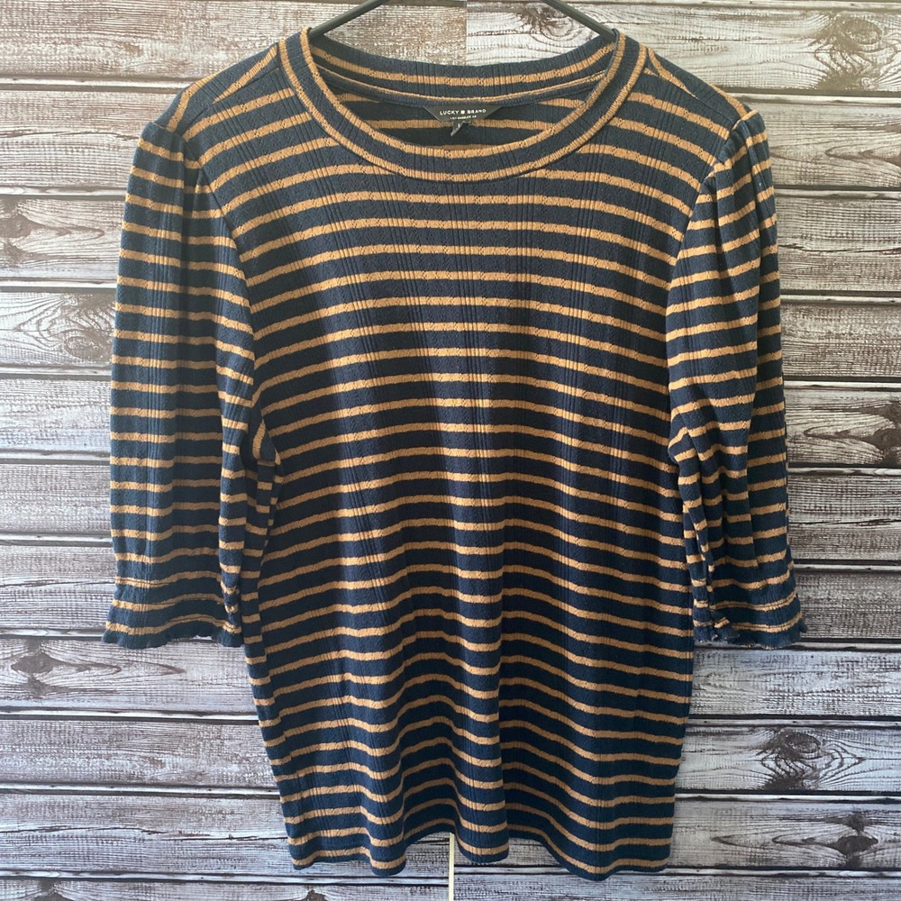 Lucky Brand Women's Short-Sleeved Knit Top Size L Blue Brown Striped Lightweight